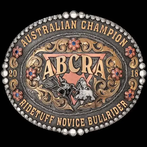 The Mount Isa Buckle has a unique design with a barbed wire inner frame that will give a country feel to any rodeo winners' outfit. Featuring our signature berry frame. Customize this buckle today!
